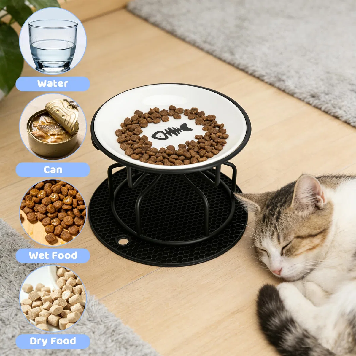 Ciotola Gatto Rialzata Ciotola Gatto CeramicaCiotola perGatto Rialzata CiotoleGattoRialzate - Set 2 Ciotole con Supporto Metallo e Tappetino Silicone Antiscivolo, CiotolaGatto Cibo Acqua