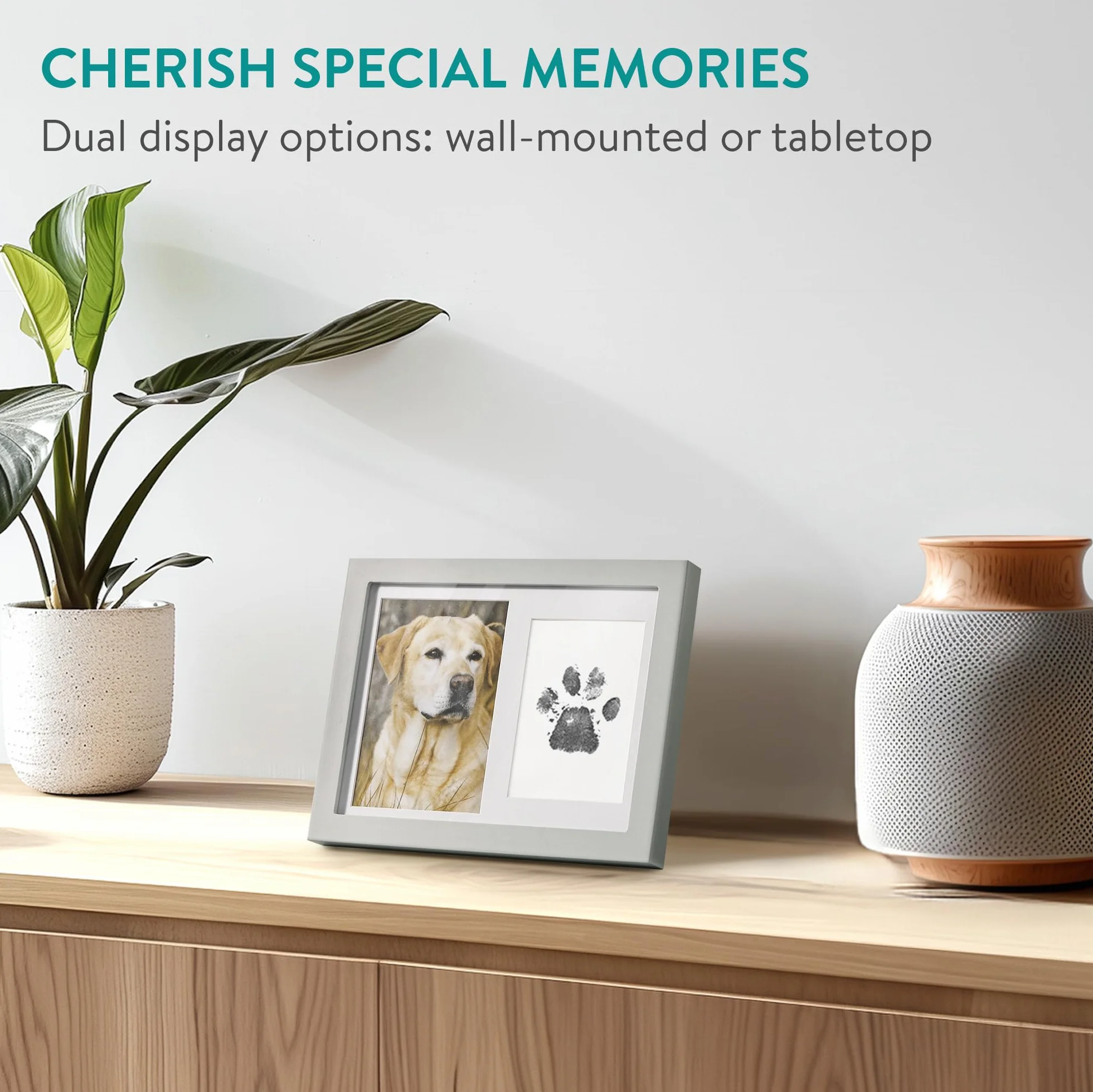 Navaris Impronta Zampa Cane - Kit Calco e Portafoto 2 in 1 con Inchiostro - Cornice Porta Foto Gatti e Cani - Stampo Zampa Commemorativo per Animali Domestici - Grigio