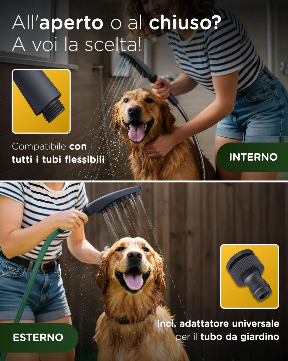 doccia KUNTO®: doccia per cani a 4 getti - setole in silicone per pulizia piacevole ed efficace del pelo. Adattatore per tubo da giardino
