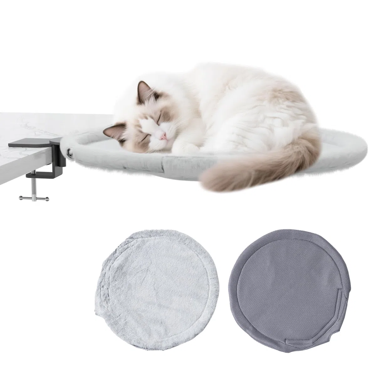 Yuning Lettino per Gatti da Scrivania Rotazione a 360°,Cuccia per Gatti da Scrivania per Ufficio e Lavoro,Amaca per gatti da Interni con 2 Lavabile Tappetini per Animali Domestici Fino a 20 kg(Grigio)