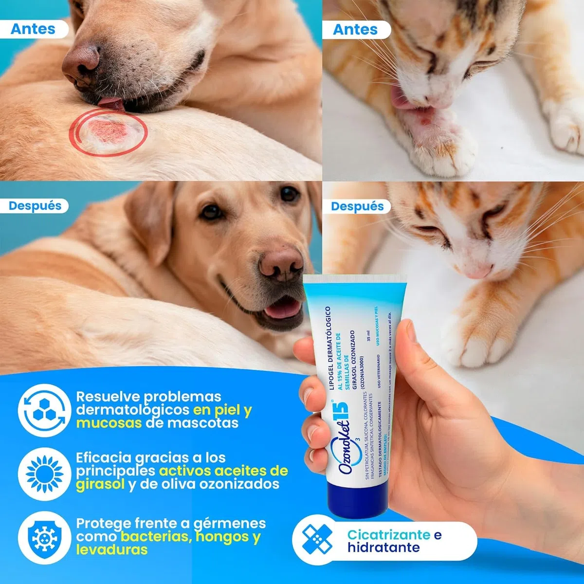Gel Cicatrizzante Ozonizzato Per Cani e Gatti Allevia Prurito Dermatite Allergie Ferite e Bruciature - Cicatizzante Idratante Senza Lasciare Effetti Secondari E Controindicazioni - 35 ml - 1 Unità