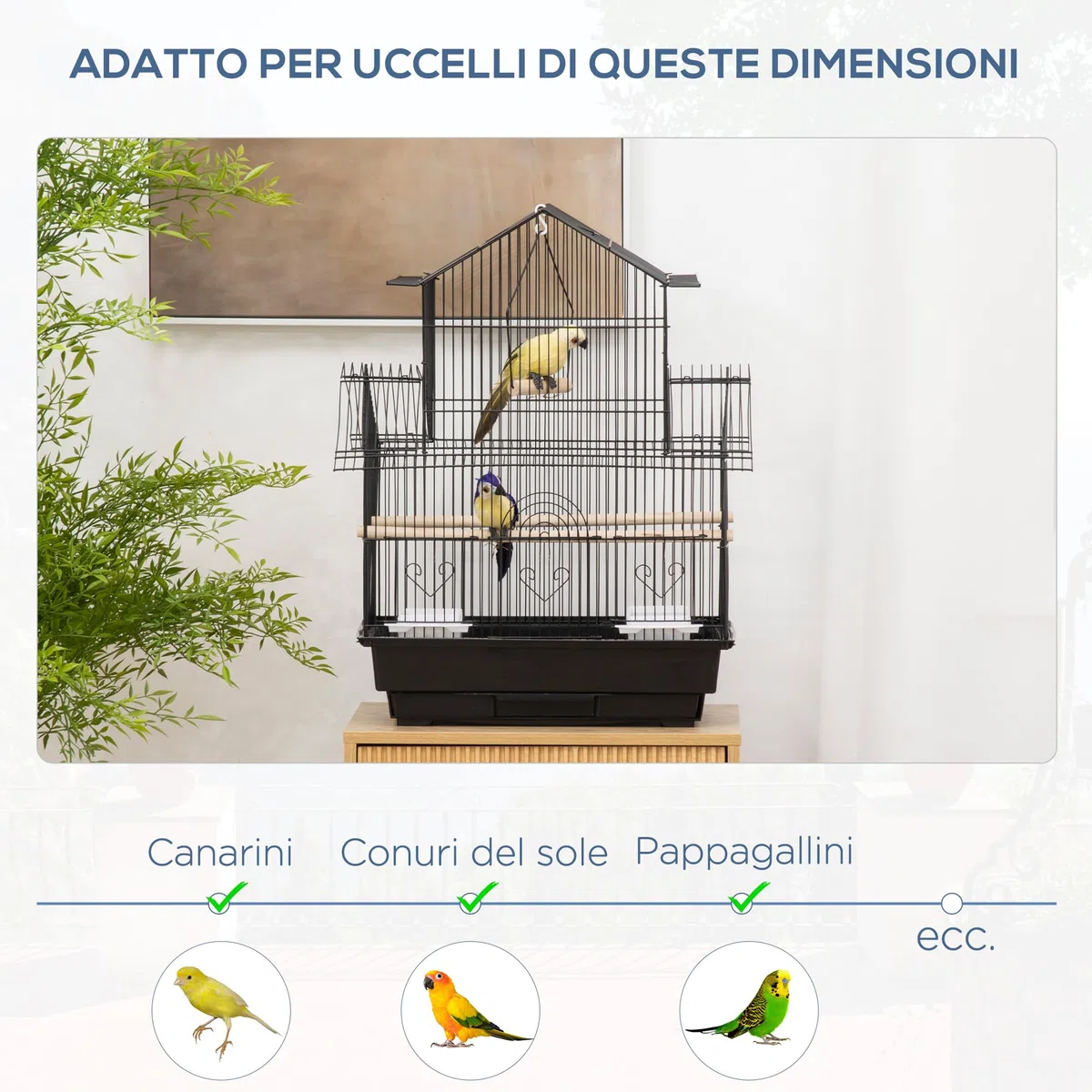 PawHut Gabbia per Uccelli con Maniglia di Trasporto e Vassoio Estraibile, Gabbietta per Uccelli in Metallo e Plastica, 50.5x41x63 cm, Nero