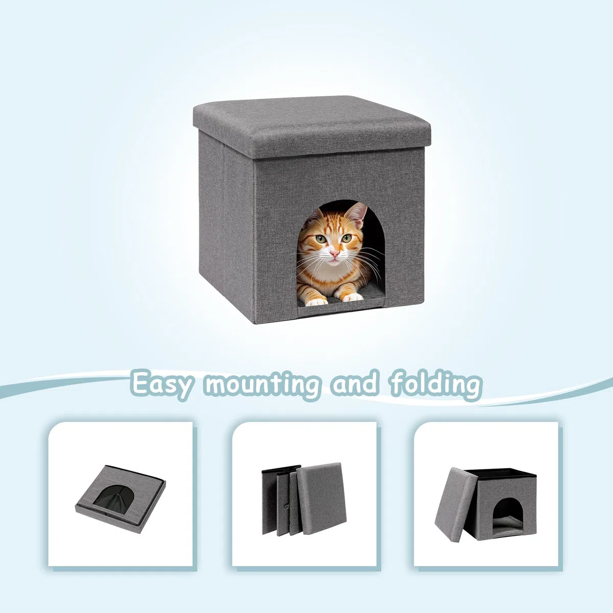 PINPLUS Cuccia per Gatti con Cuscino, Sgabello Pieghevole per Gatto, Cubo Contenitore Stabile con Coperchio Rimovibile, Rifugio Accogliente per Dormire e Giocare