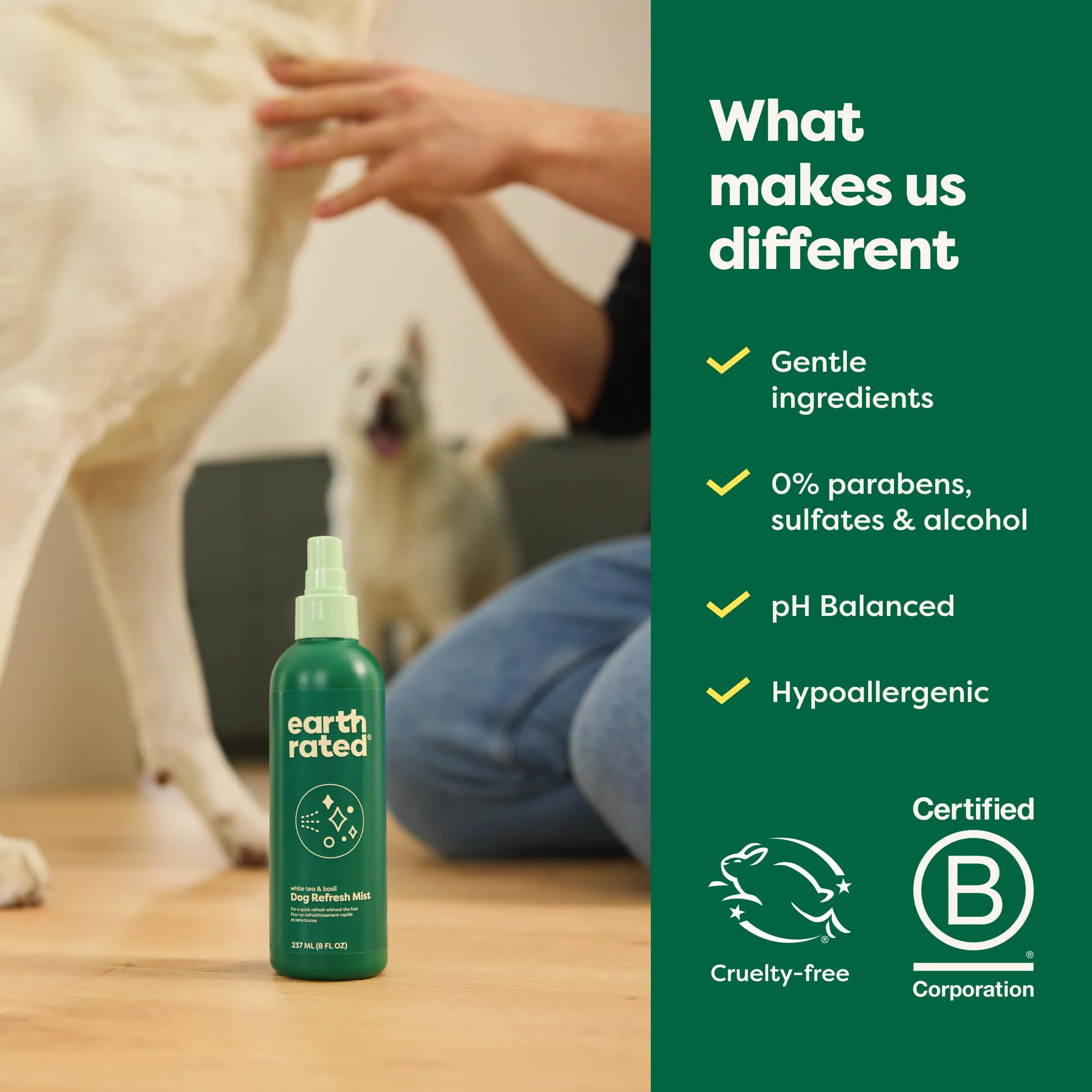 Earth Rated Deodorante spray per cani, balsamo e elimina odori per cani e cuccioli, per tutti i tipi di mantello, profumo rinfrescante di tè bianco e basilico, 8 once.