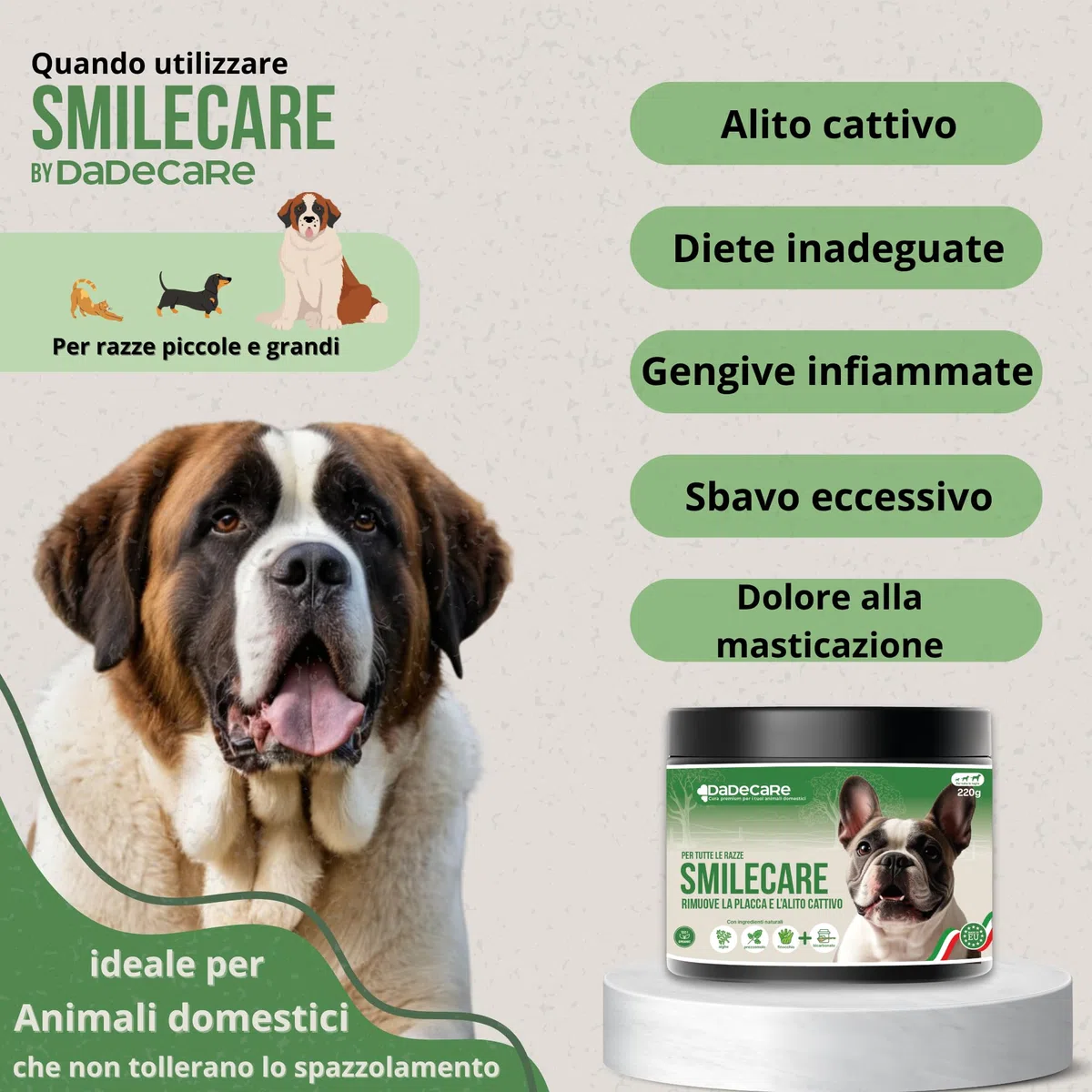 Smilecare - Polvere per alito cattivo 220 g alga Kelp - Alternativa naturale per cani e gatti, migliora il respiro, riduce il tartaro, prevenzione problemi dentali - senza spazzolatura quotidiana