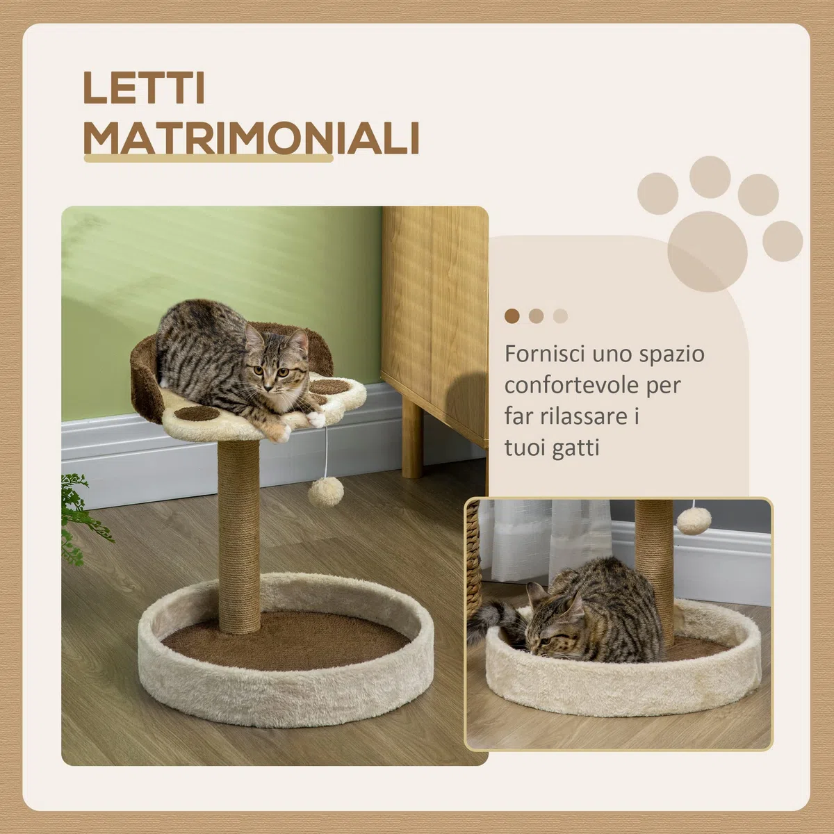 PawHut Albero Tiragraffi per Gatti da 5kg con Lettini e Pallina, Palestra per Gatti con Rivestimento in Peluche e Corda di Juta, 41x41x44 cm, Marrone e Beige