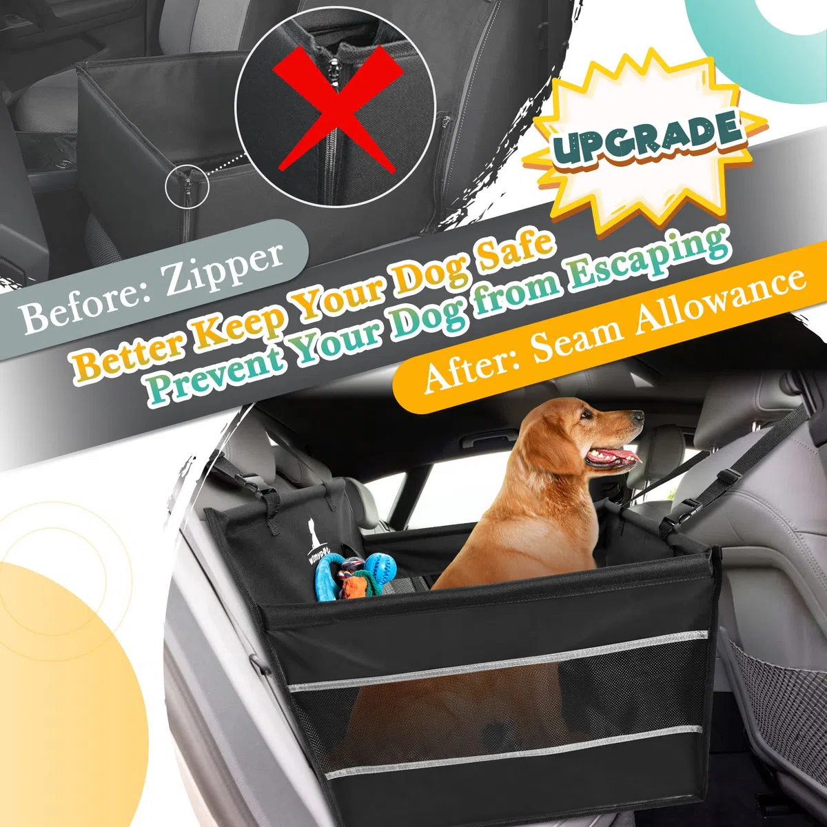 Seggiolino Auto per Cani con cintura di sicurezza, Seggiolino Auto per cani di piccola e media taglia, Coprisedile Impermeabile, Resistente agli Strappi, lavabile in lavatrice, 50x50x47cm