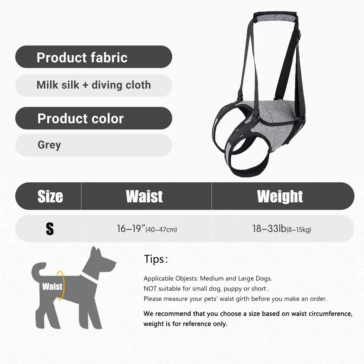 Imbracatura per Dog, Redipet per Cani, Tutore Zampa Posteriore Cane, Fascia per Sollevare Cani, Imbracatura per Dog, Harness Cane Zampe Posteriori, Disabili e Disabili. (S)