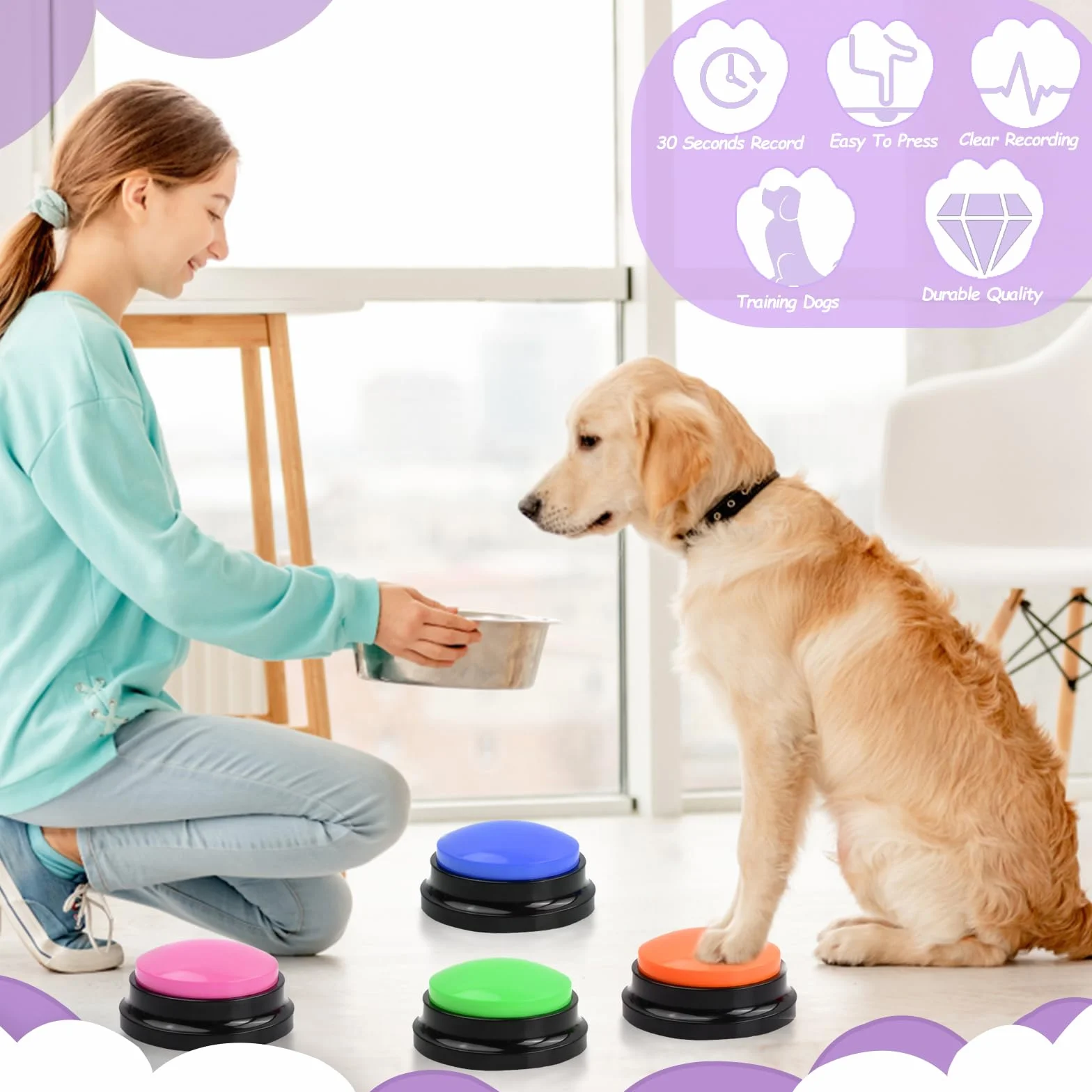 5 Pcs Pulsanti per Cani Parlare, Registrabili Cane Pulsante di Registrazione Vocale, Cani Parlanti Bottone Cicalino Pulsante di Comunicazione per Animali Domestici Comunicazione e Addestramento