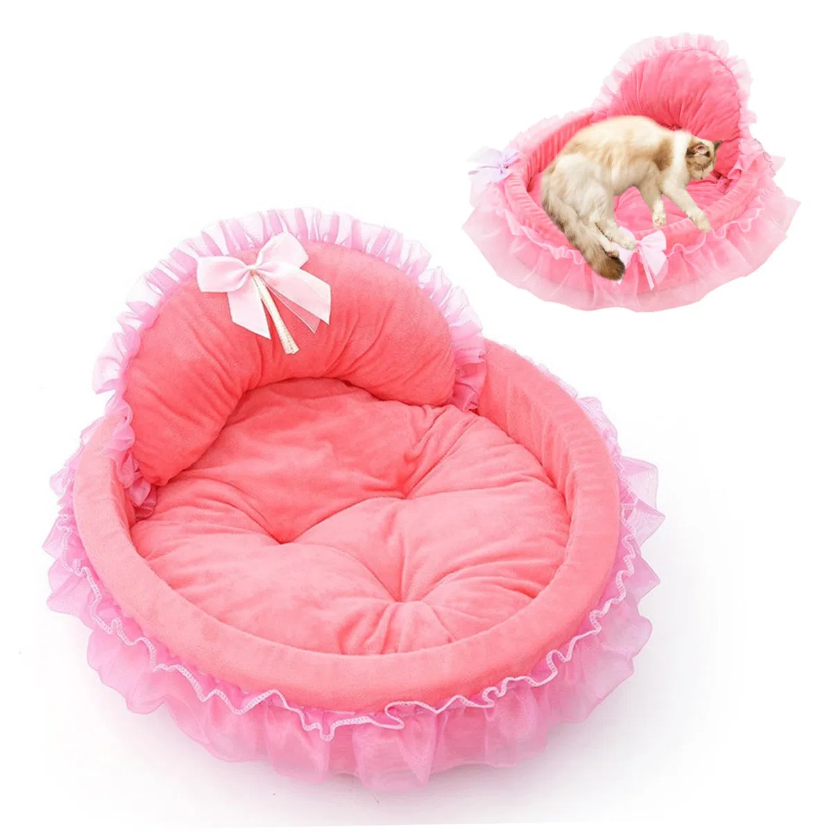 Cuccia per cani Princess con finiture arricciate, morbida e calda cuccia per cuccioli con cuscino staccabile, accogliente divano per gatti