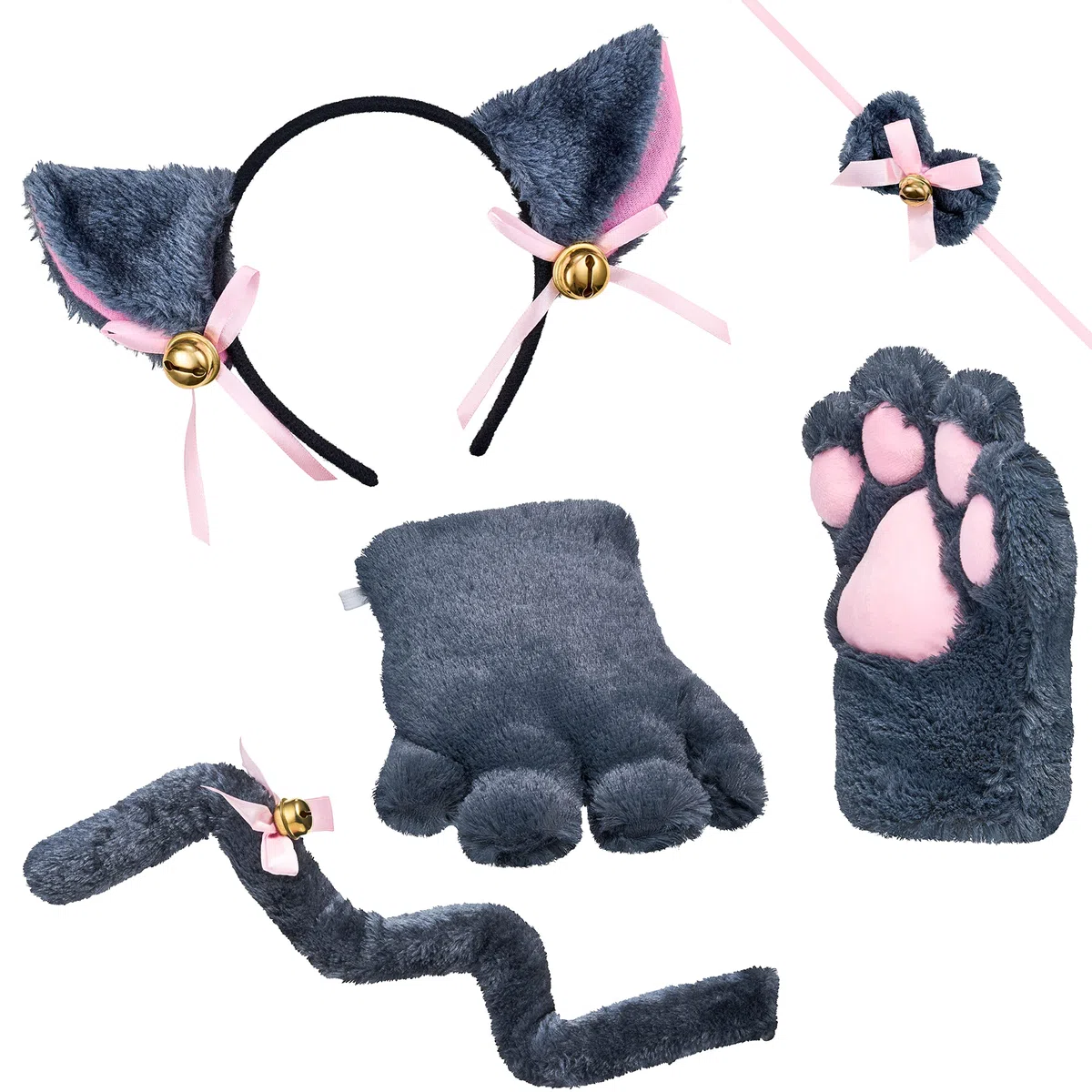 Balinco Set di costumi da gatto, cerchietto per orecchie di gatto + zampe di peluche + papillon + coda di gatto, vestito da animale, Anime, Cosplay Party, Halloween, Carnevale