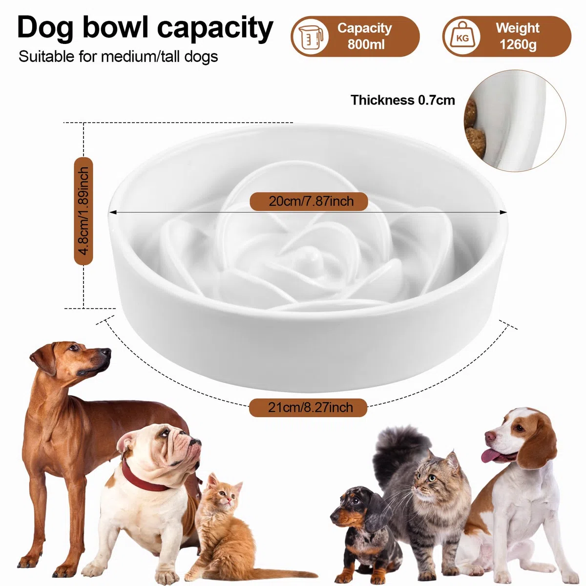 Ciotola per cani in ceramica, 800ML anti-soffocamento Ciotola per Cani Anti Ingozzamento, per mangiare lentamente, Cibo lento per animali domestici Ciotole per Cane e gatti, 20cm