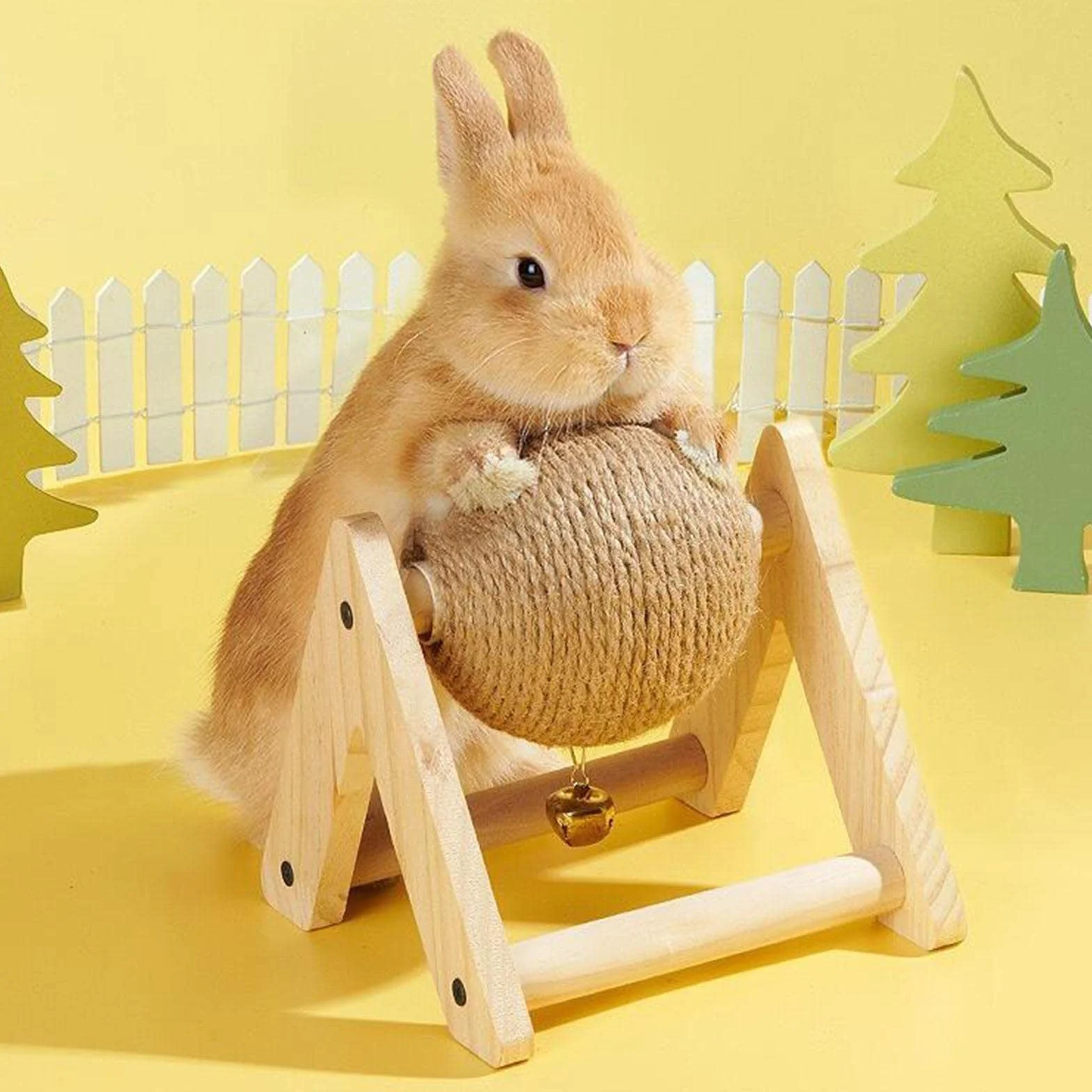 MagiDeal MagiDeal, palla tiragraffi per coniglio con sfera, 2 in 1, giocattolo interattivo, supporto in legno con campanella, per gattini, cincillà, piccoli animali gattini