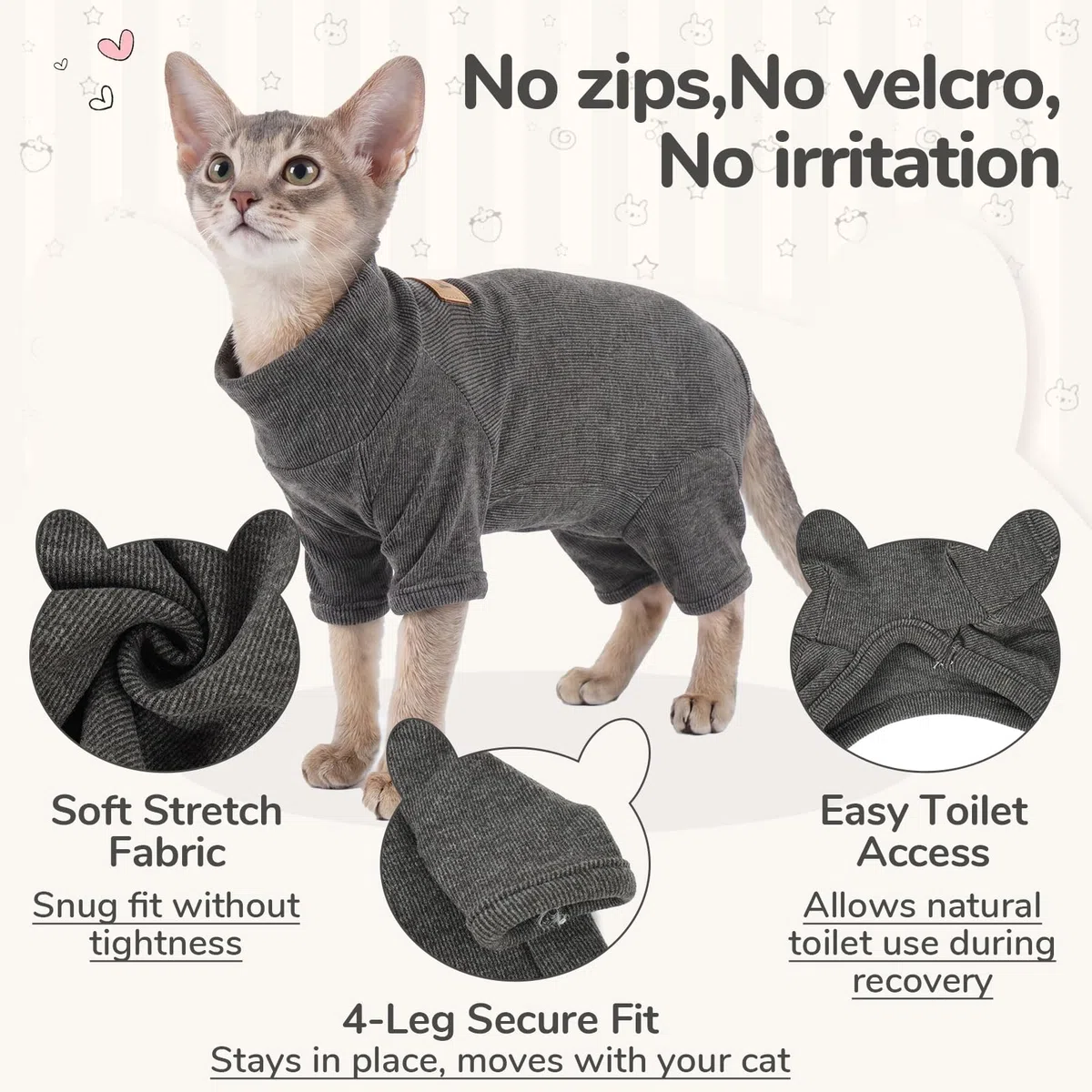 Body gatto post operatorio, tuta recupero gatto anti leccamento 4 zampe, body gatto sterilizzazione, tuta gatto polare caldo, ideale per sphynx gatto senza pelo, Grigio Scuro S