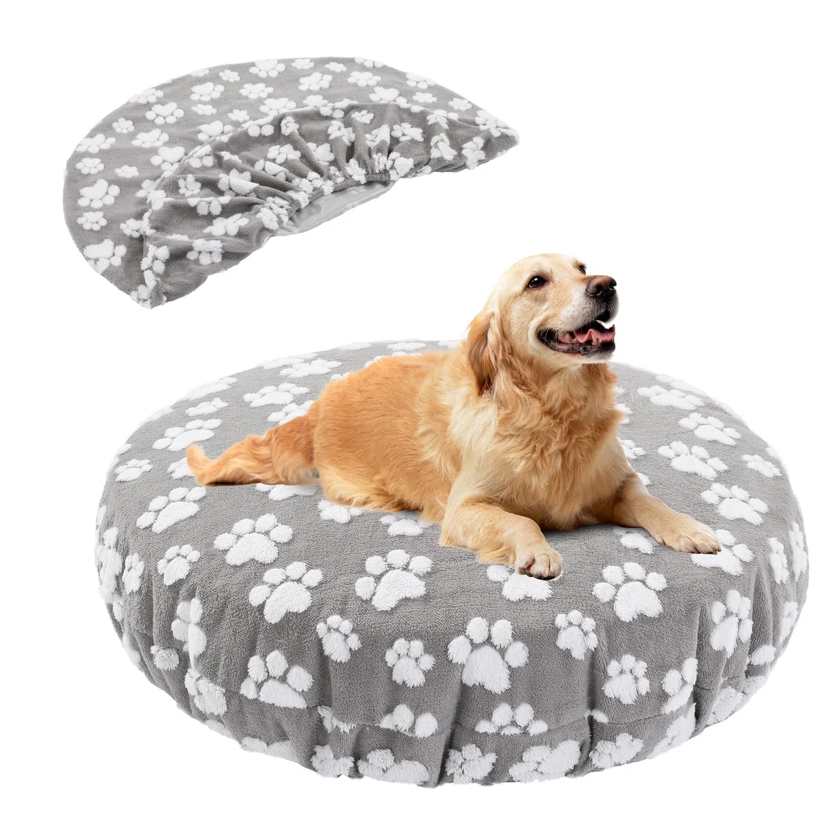 BALAPET Coperta lavabile di ricambio rotonda impermeabile per cani con bella stampa di zampe di cane e design utilizzabile su entrambi i lati, solo copertura (grigio, 91,4 x 91,4 x 19,8 cm)
