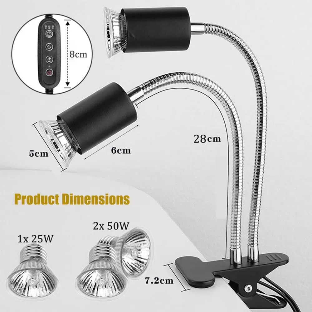 KINGYEENUO Lampada di Calore rettile a Doppia Testa con Timer, Lampadine a 3 Pacchetti: 2x50W 1x25W UVA + UVB E27 Basking Luce, Lampada a Clip Rotabile a 360° con Controllo Separato per Tartaruga