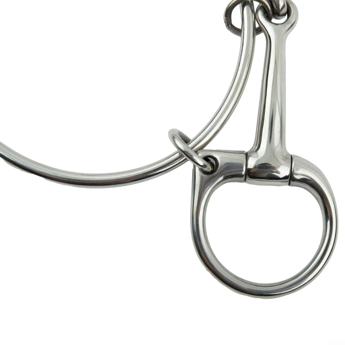 Morso per cavallo a mezza guancia realizzato in acciaio inossidabile con finitura liscia e punti di fissaggio funzionali ad anello