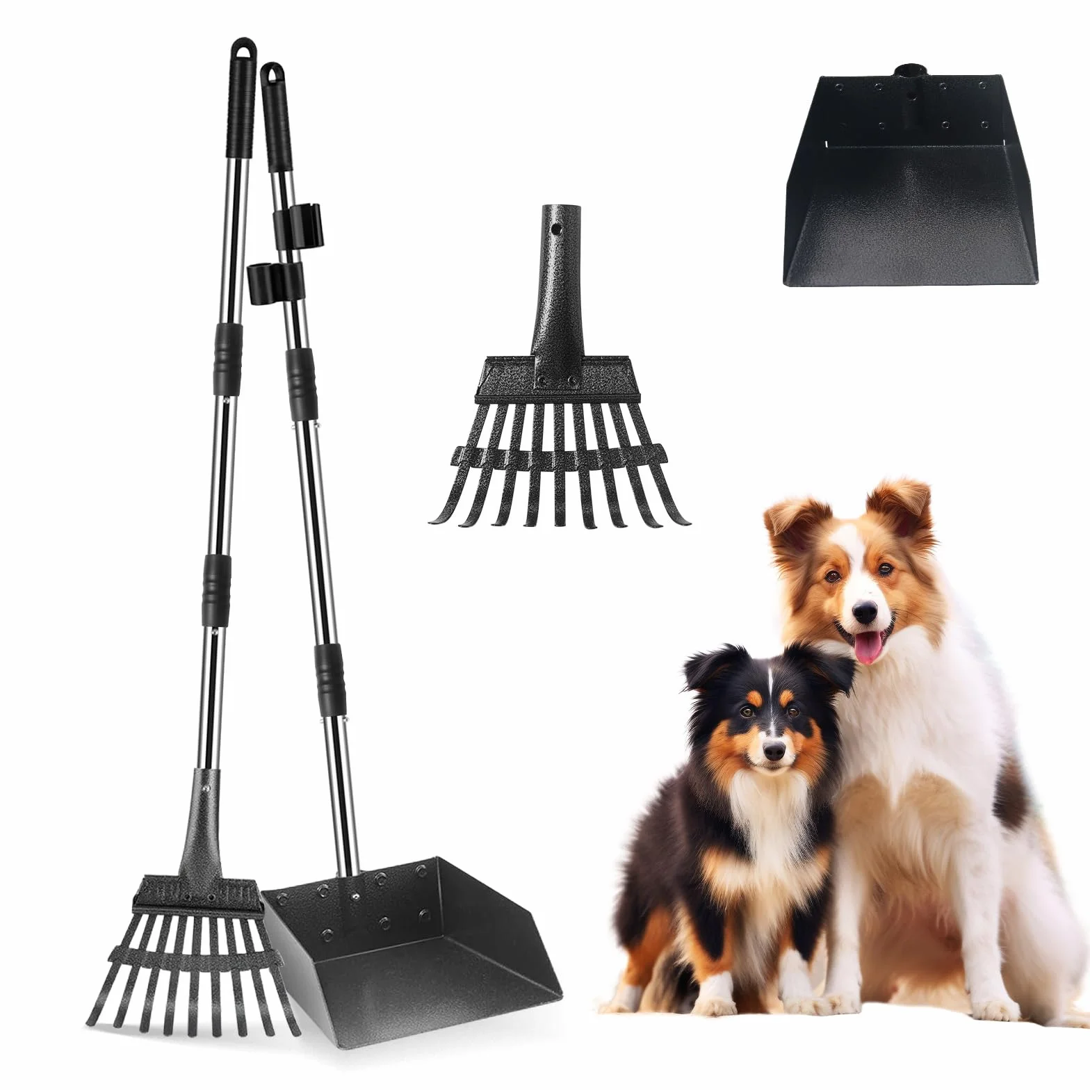 Pala per Escrementi Canini, Set di Pooper Scooper da Manico Lungo per Cani, Rastrello e Vassoio, Manico Regolabile con Rastrello per Escrementi di Animali su Erba, Terra o Ghiaia-2 Pezzi