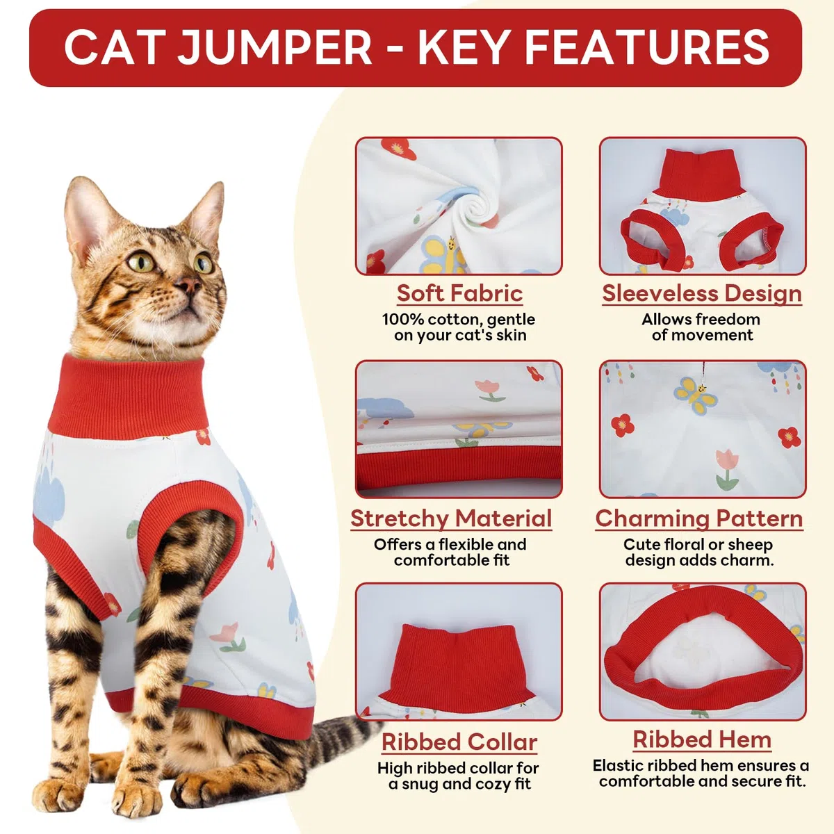 HjyHjyokuso Vestito Gatto in Cotone - Senza Maniche, Collo Alto, Respirante, Per Gatti Sensibili - Aiuta a Controllare la Perdita di Pelo e Calma l'Ansia - Rosso, L