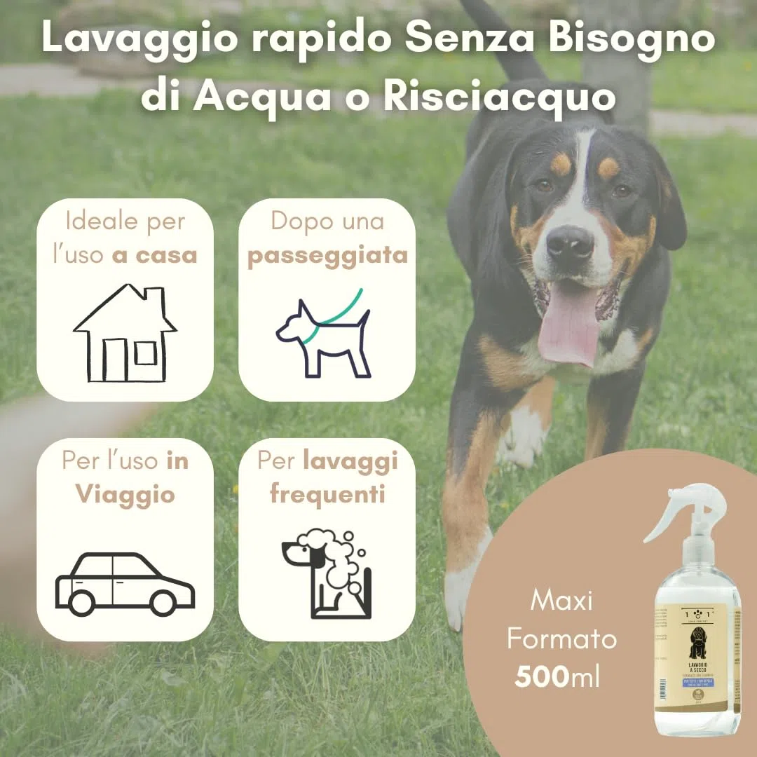 Shampoo a Secco Naturale per Cani - Lavaggio Senza Bisogno di Acqua o Risciacquo - Ingredienti di Origine Vegetale - per Tutti i Tipi di Pelo, Linea 101 (500ml)