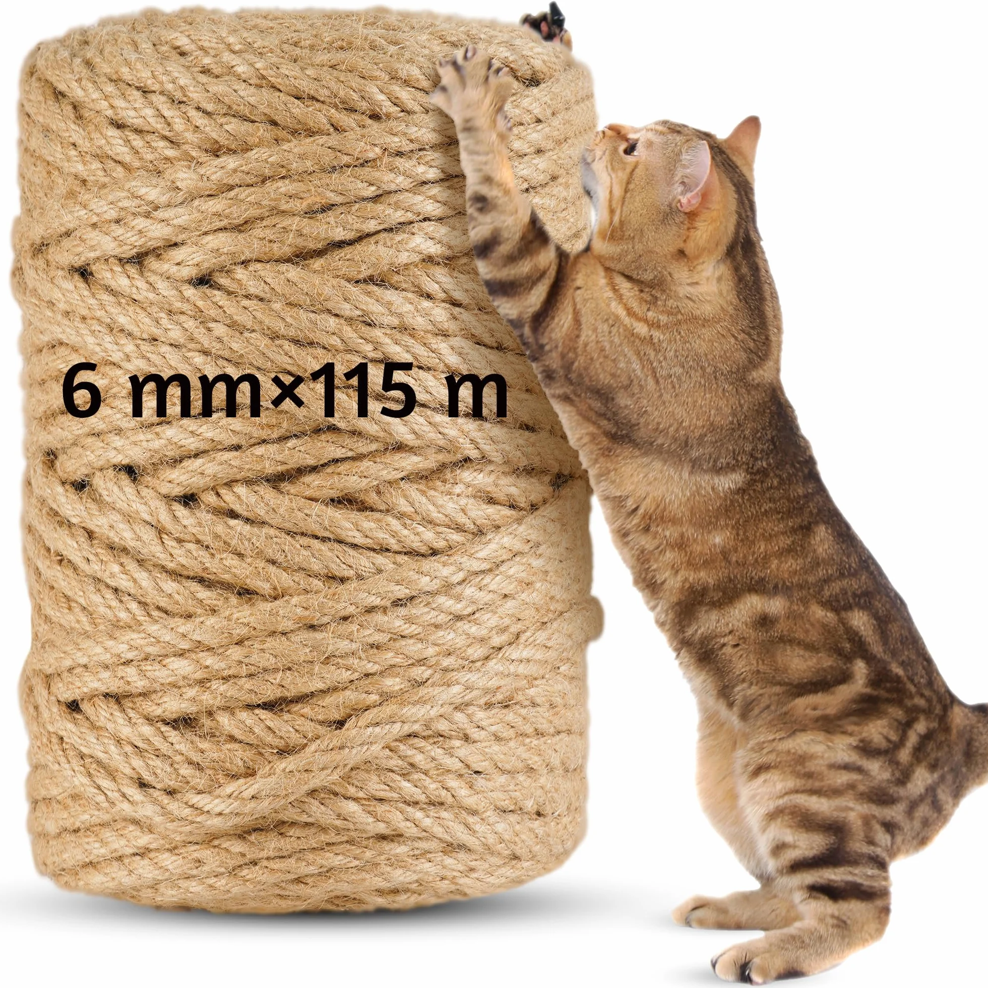 115m Corda per Tiragraffi in Sisal Naturale 6mm - per Gatti, fai da te, Decorazione casa/giardino - Corda tiragraffi per gatti di ricambio (115 m x 6 mm)
