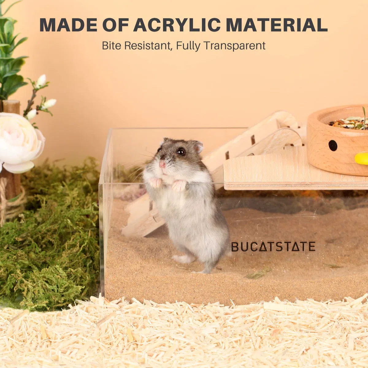 BUCATSTATE Contenitore per vasca di sabbia per criceti con scala - Doccia in acrilico e lettiera per scavi per topi Lemming Gerbilli Piccoli animali (a forma di rettangolo)