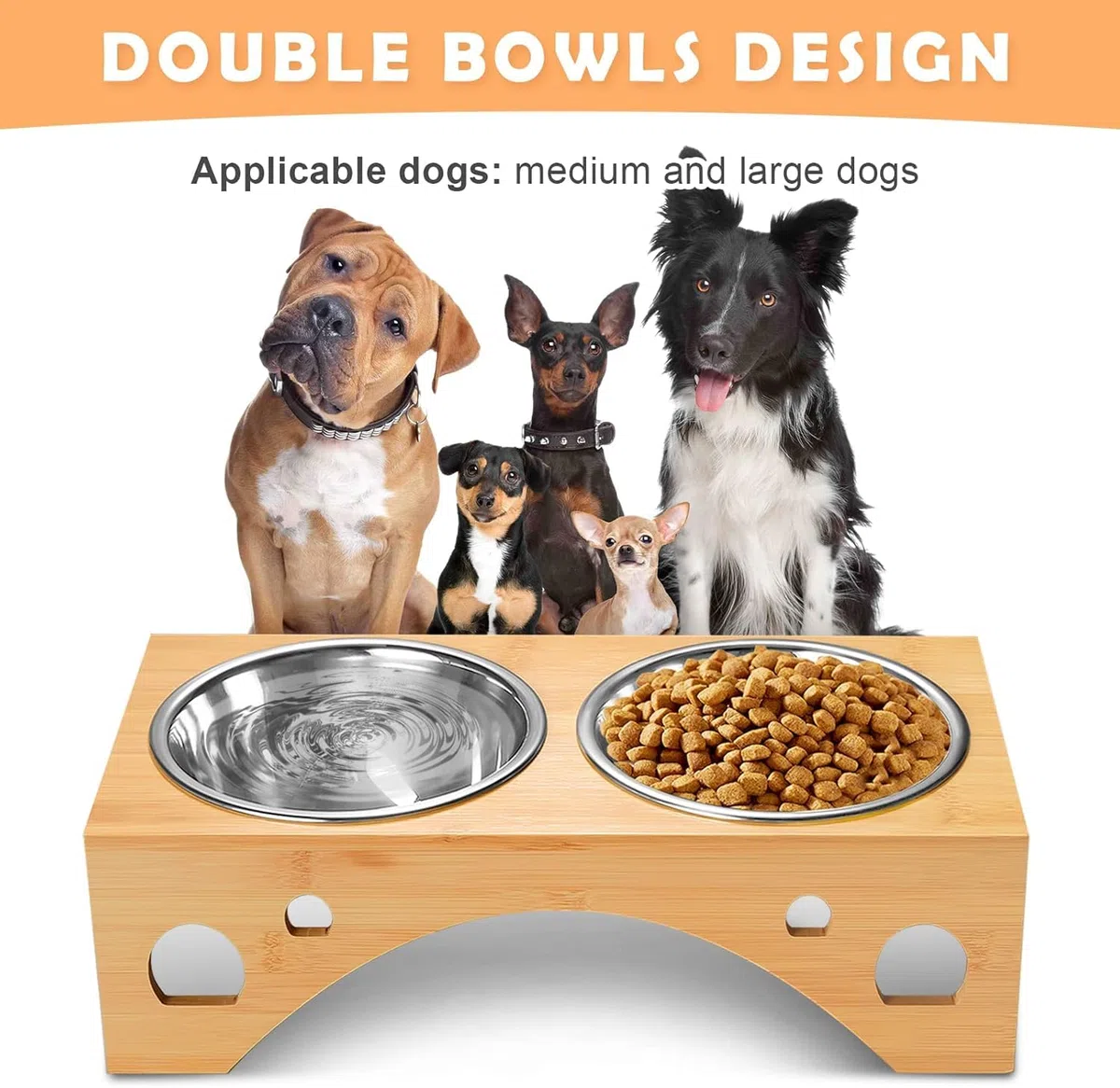 Ciotole per cani, set di Porta Ciotole per Cani Rialzato FoiiLiio con 2 Ciotola in Acciaio Inossidabile da 1100 ml, Ciotola Rialzata per Cani con Supporto in Bambù