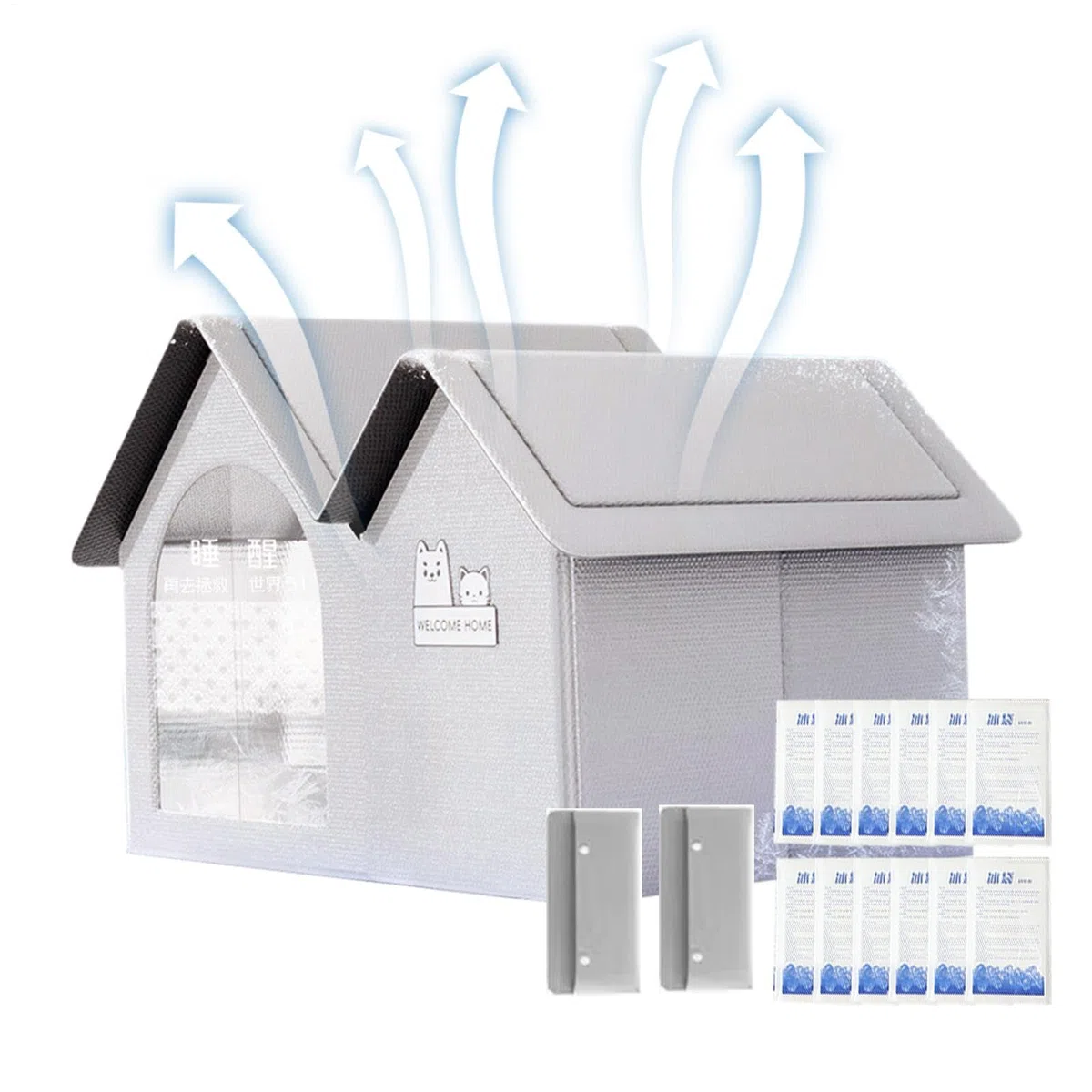 Casetta di Raffreddamento per Animali Domestici, 53x43x38cm Rifugio Refrigerante per Gatti con 10 Impacchi Ghiaccio, Cuccia per Gatti All'aperto Estate Raffreddamento per Animali,Resistente Intemperie