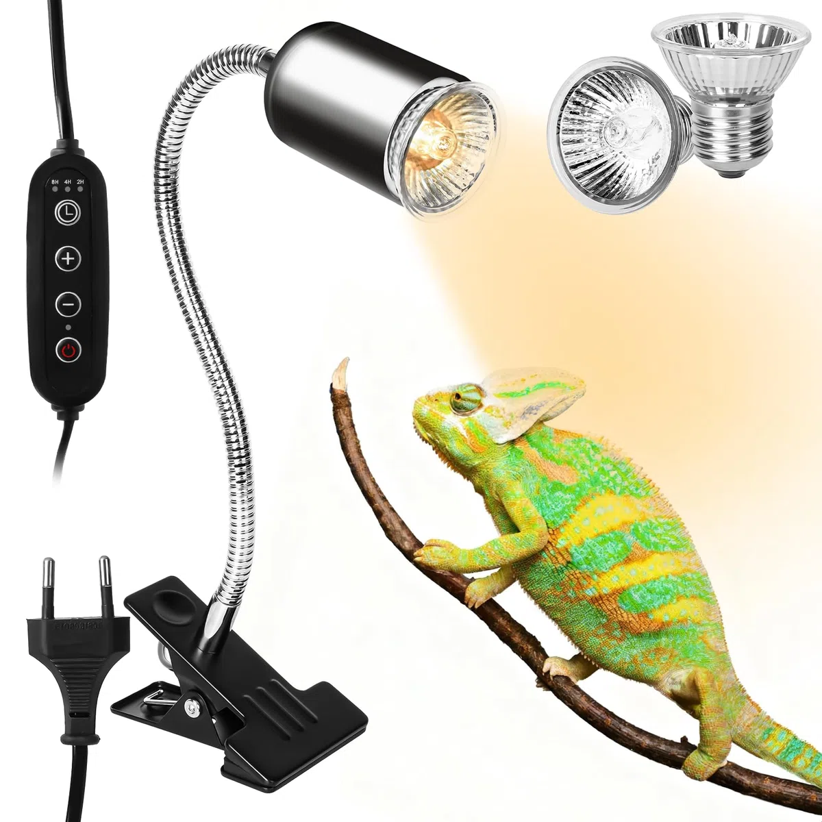 LURICO Lampada uvb Tartarughe, Lampada Rettile e Anfibio con 2 Lampadine UVA UVB, Interruttore Timer Regolabile, Lampadina Riscaldante con Morsetto Rotante a 360 ° per Tartarughe Rettili Lucertole