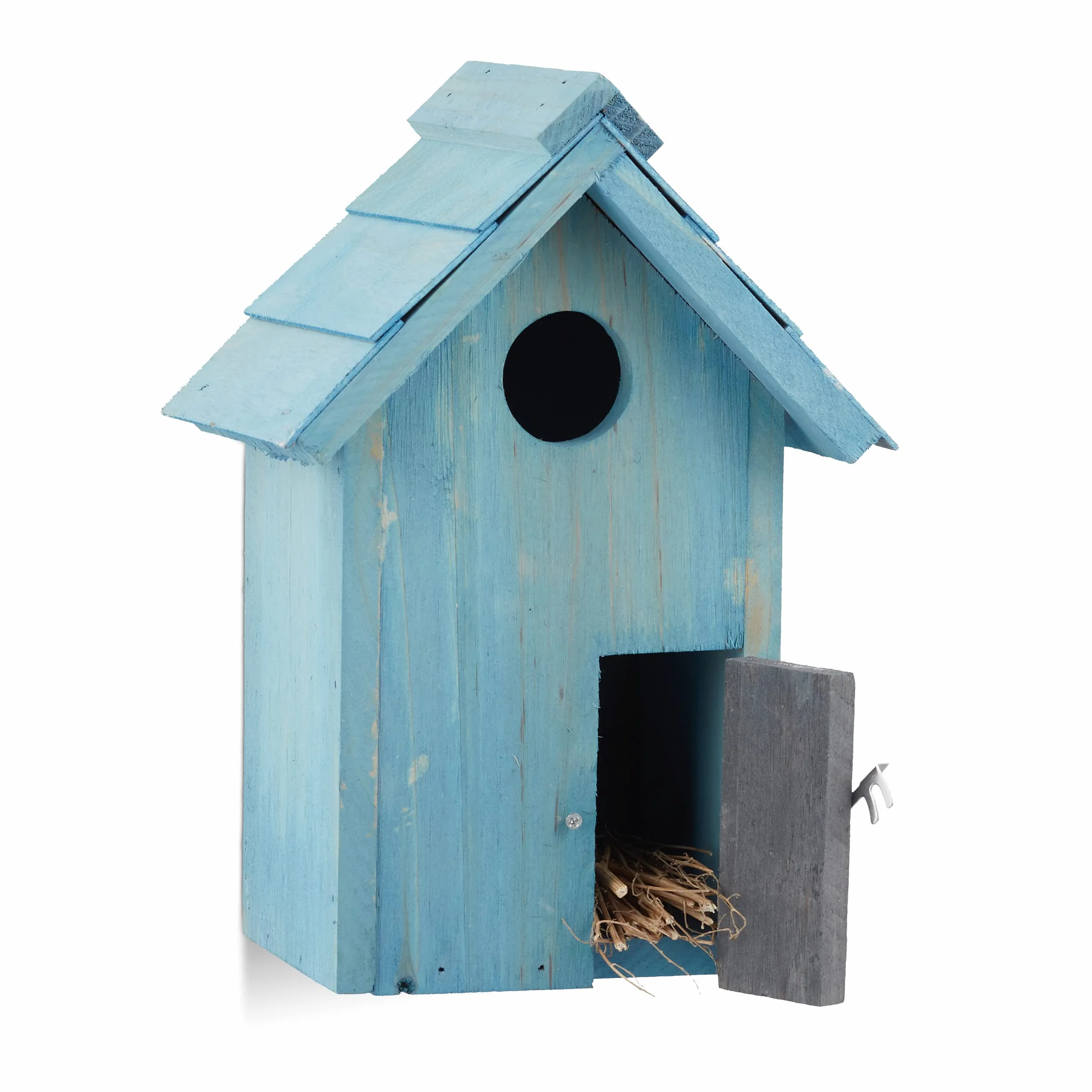 Relaxdays Nido artificiale casetta per uccellini legno, appendere, porta piccola apertura HLP: 24,3 x 17 x 12 cm, celeste