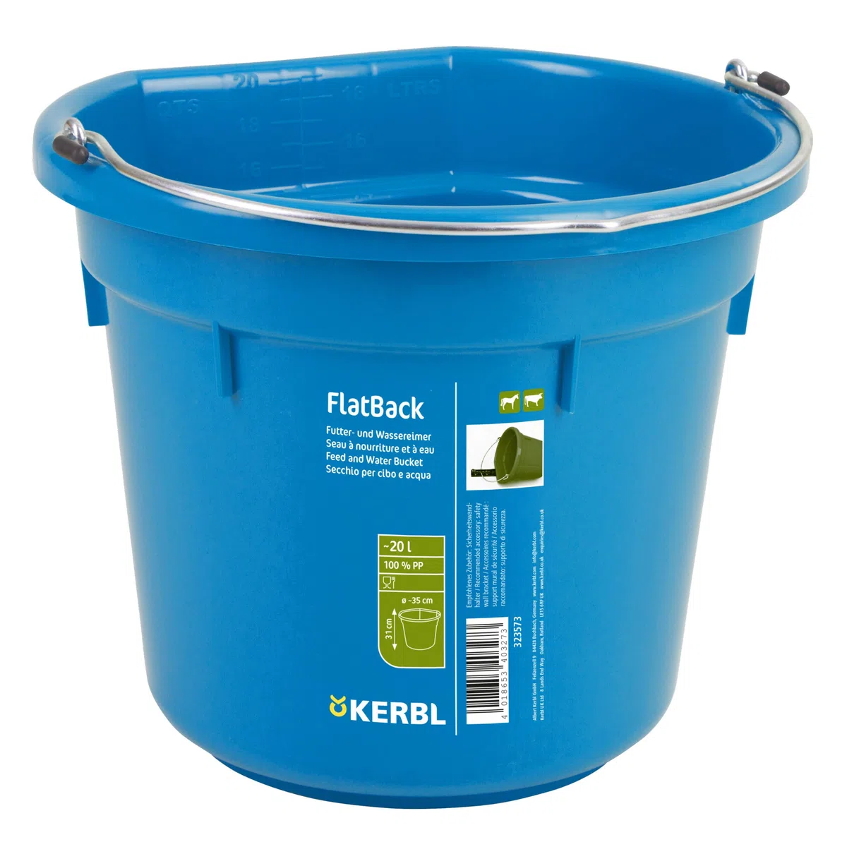 Kerbl Secchio per mangime e acqua FlatBack, blu reale, 20l, plastica, 1 posto pasto, estremamente robusto, con scala di riempimento