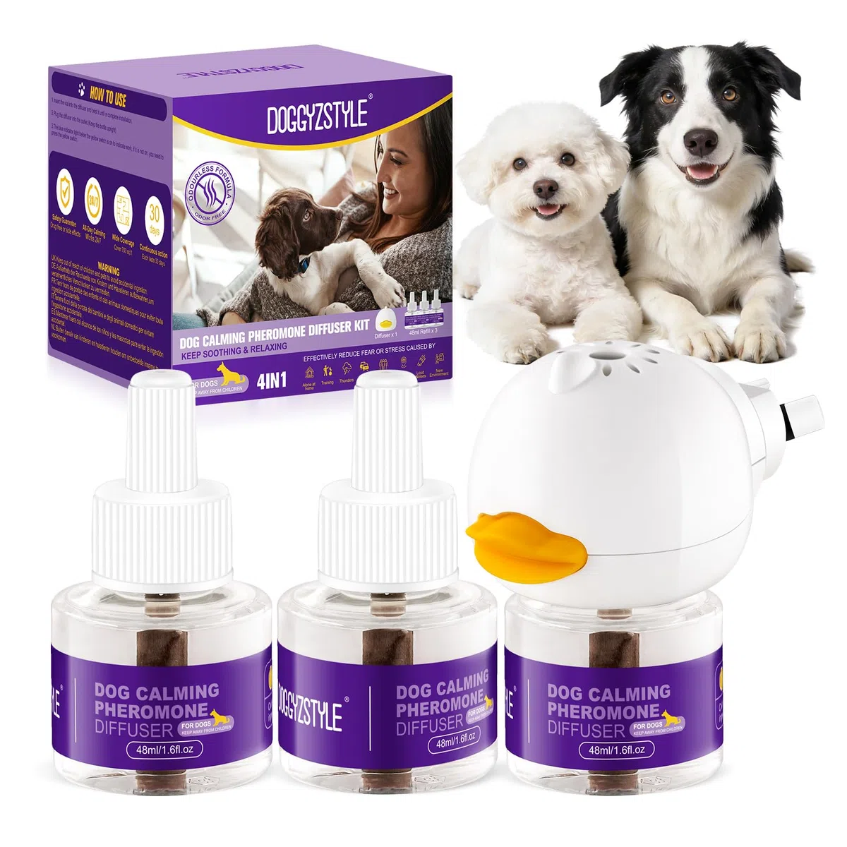 Diffusore di Feromoni Calmanti per Cani,Rilassamento Naturale Dall'Ansia per Cani,Riduce Efficacemente Stress E Abbaio,Adatto A Tutte Le Razze,3 Ricariche (3 Ricariche+1 Diffusore)