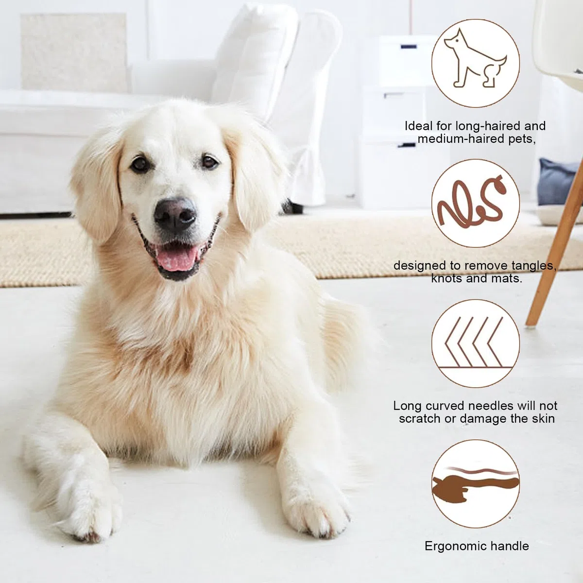 Spazzola per Cani Pelo Lungo con Manico in Legno Curvo, Cardatore e Pettine per Rimuovere Nodi e Sottopelo, Per Cani e Gatti a Pelo Medio/Lungo come Golden Retriever, Maine Coon