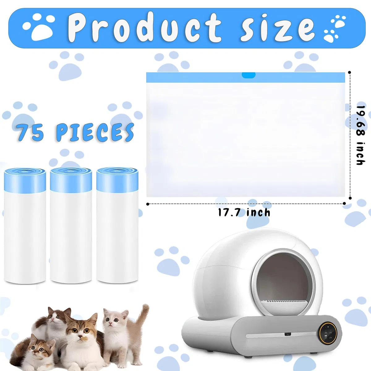 Sacchetti Lettiera Gatto per Coulisse 5 Rotolo, Sacchetti per Lettiera Autopulente, Durevole, Resistente Agli Strappi per Lettiera Gatto Autopulente(75 Pezzi)