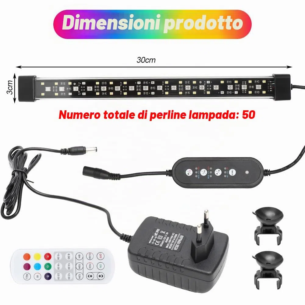 Illuminazione LED per acquario, illuminazione 24/7 a spettro completo con timer, 10 livelli dimmerabile, timer regolabile 6/10/12 ore