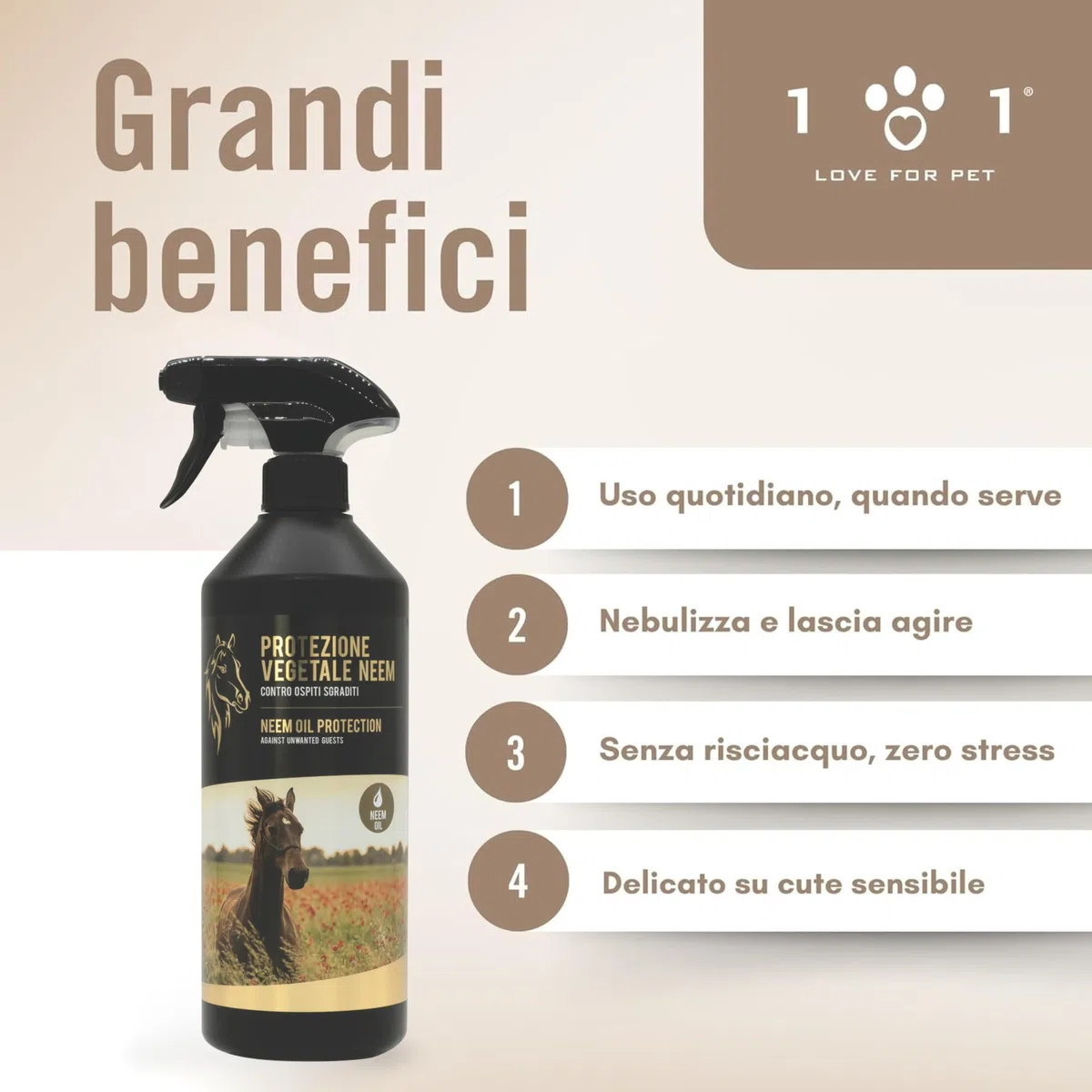 Olio di Neem per Cavalli 750 ml - Repellente Insetti Spray Protezione Vegetale Contro Mosche, Zecche, Zanzare e Tafani Neem Oil Naturale Senza Risciacquo, Uso Frequente