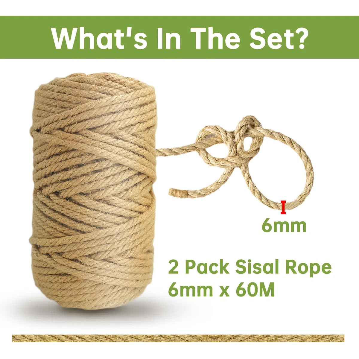 Corda Tiragraffi per Gatti 6mm x 60m, 2 Pezzi Corda per Tiragraffi, Corda Canapa, Sisal per Tiragraffi, Spago per Tiragraffi per Gatti, Ricambi Tiragraffi, Alberi Gatto, Fai da Te, Giardinaggio e Casa