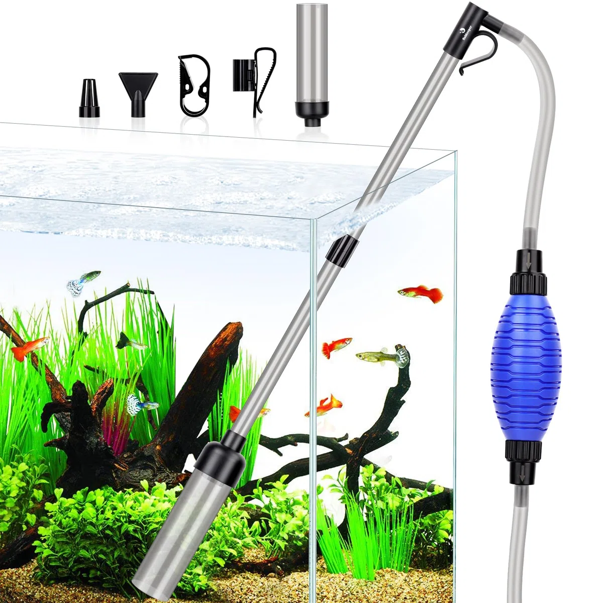 Cambio dell'acqua dell'acquario, pulizia dell'acquario, kit per la pulizia della ghiaia dell'acquario con flusso d'acqua regolabile per la pulizia della sabbia (S-per profondità fino a 55 cm)