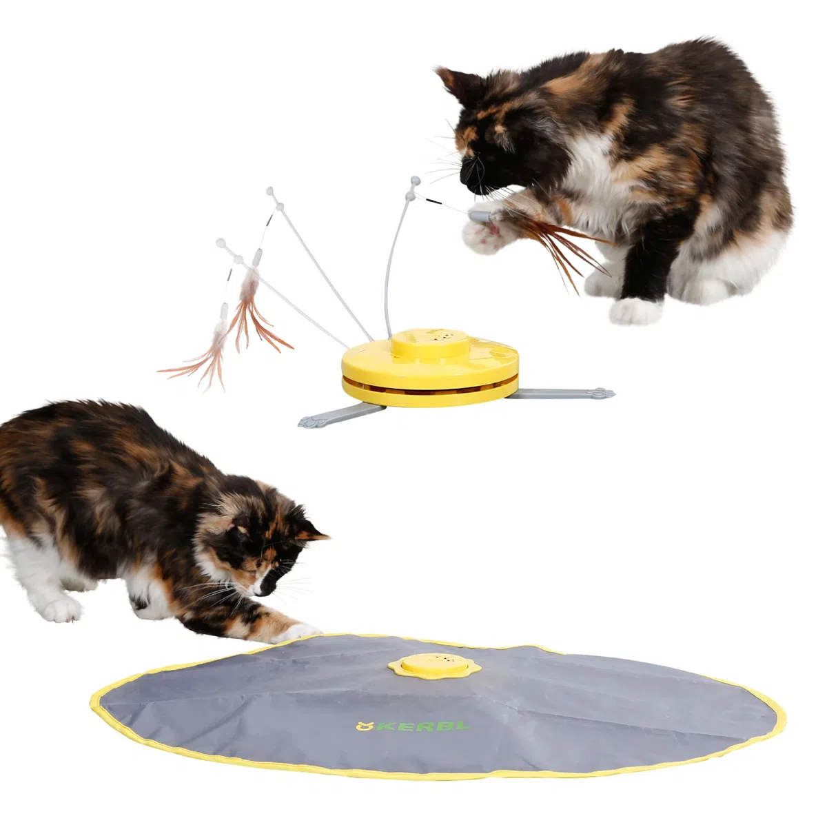 Kerbl Pet Giocattoli per Gatti 2 in 1 Catch The Tail Feather, Giallo, Grigio, 70x53x5cm, Nylon, Gatti, Funzione di spegnimento Automatico, Antiscivolo
