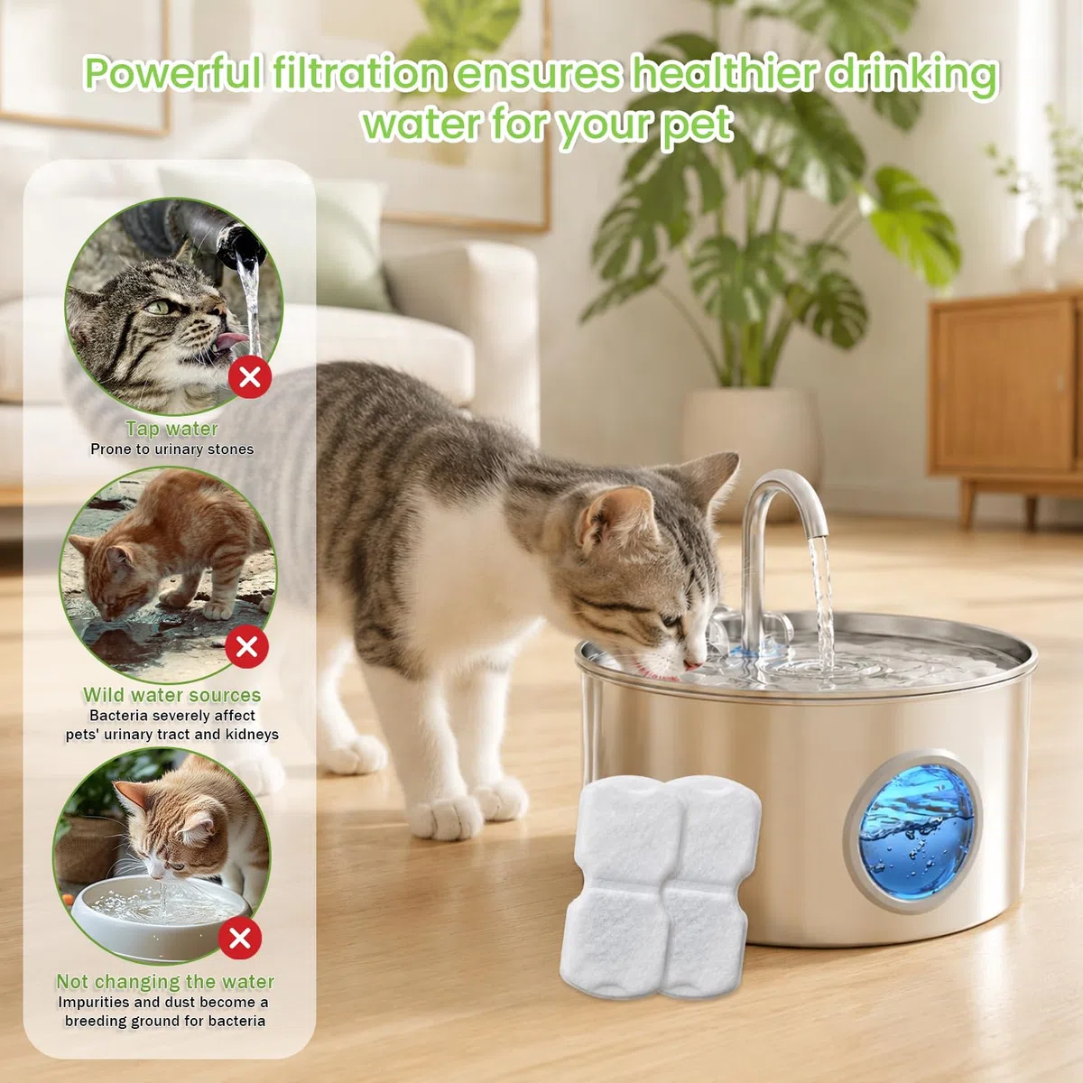32 Filtri per Fontanella per Gatti, Filtri di Ricambio per Fontanelle per Animali Domestici, compatibili con Fontanelle per Gatti in acciaio Inossidabile, 16 Filtri a Carbone attivo e 16 Spugne