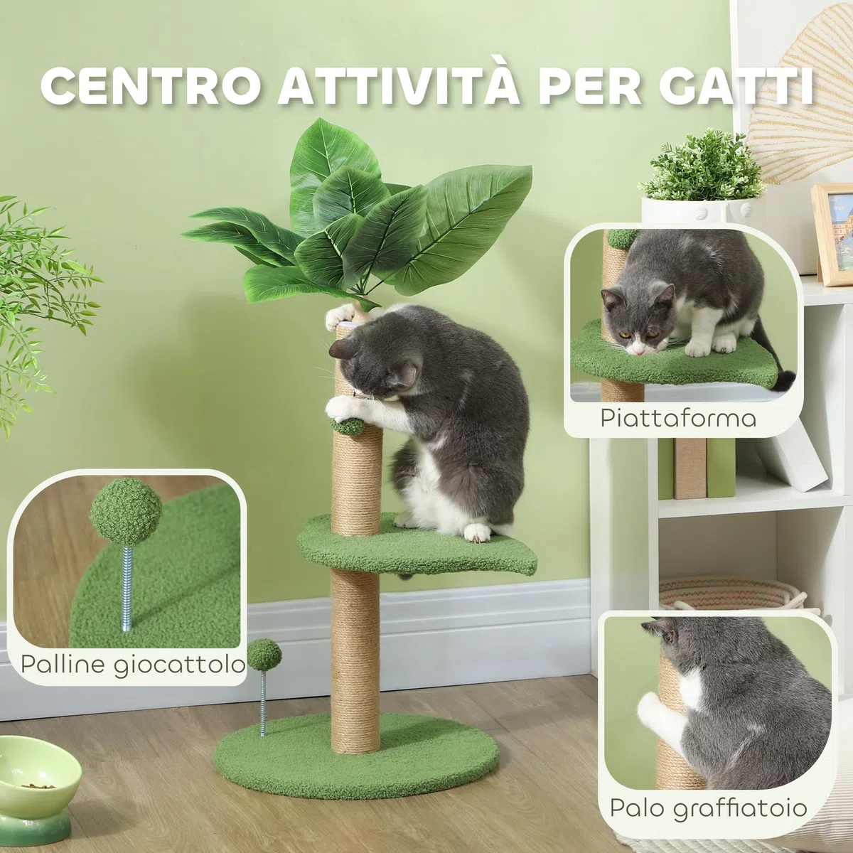 PawHut Albero per Gatti con Palo Tiragraffi, Piattaforme e Palline Giocattolo, Torre per Gatti in Peluche e Truciolato, Ø40x83 cm, Verde