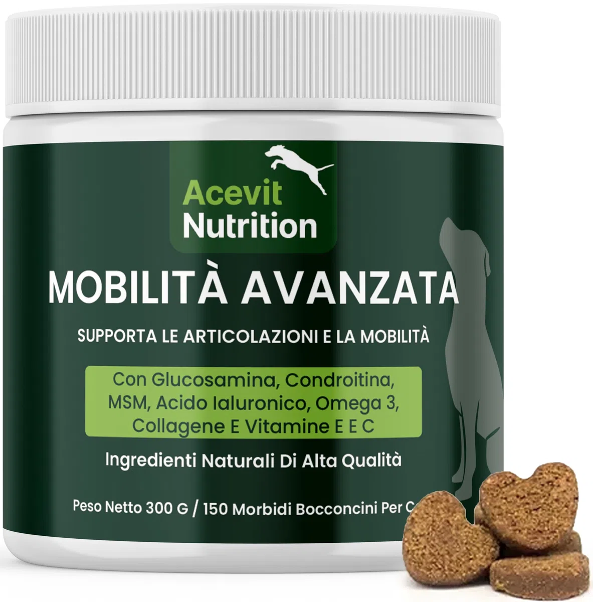 Integratore Articolazioni Cane 150 Bocconcini 100% Naturali, Condroprotettore con Glucosamina, Condroitina, MSM, Acido Ialuronico e Collagene – Antinfiammatorio che Migliora Mobilità e Cartilagini