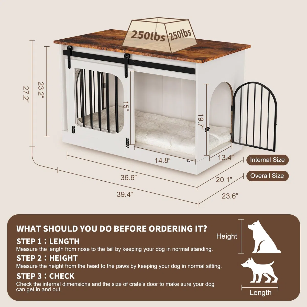 Gabbia per Cani Mobile 100 cm, XL Cassa per Cani da Casa con 3 Porte Scorrevoli, 100x60x69cm, Bianco & Marrone