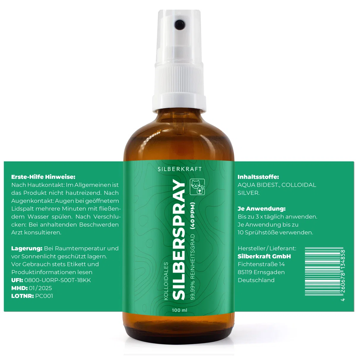 Silberkraft Spray colloidale per Argento, 100 ml, Spray per la guarigione delle ferite, Cura della Pelle in Caso di parassiti, prurito, infezioni, infiammazioni, per Cani, Gatti