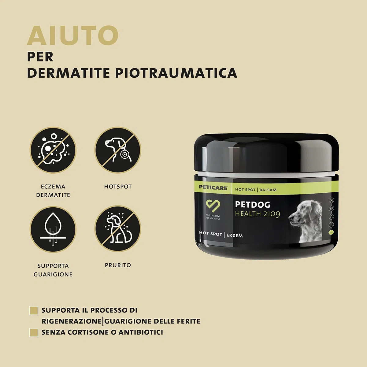 Peticare Balsamo Hot-Spot ed Eczemi Cani – Cura Delicata per Dermatiti Essudanti e Prurito – con Lanolina e Argento Colloidale – Pomata Lenitiva