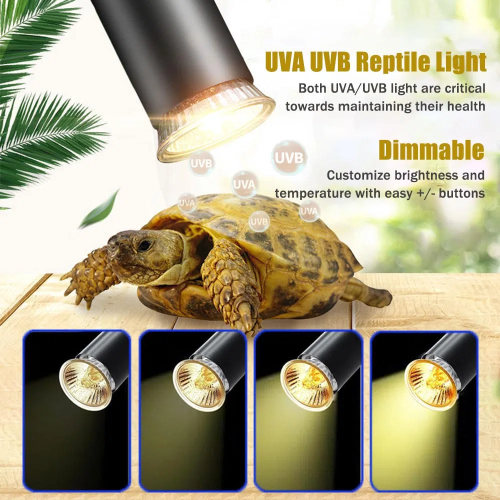 KINGYEENUO Lampada di Calore rettile a Doppia Testa con Timer, Lampadine a 3 Pacchetti: 2x50W 1x25W UVA + UVB E27 Basking Luce, Lampada a Clip Rotabile a 360° con Controllo Separato per Tartaruga