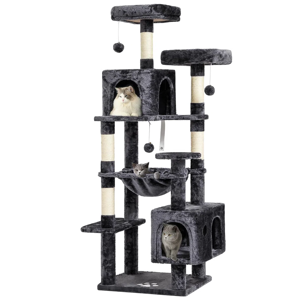 MSmask Tiragraffi grande, L albero per gatti stabile, con 2 piattaforme, 2 grotte per gatti, amaca, colonne in sisal, albero da arrampicata a più piani per gatti (grigio scuro, 160 cm)