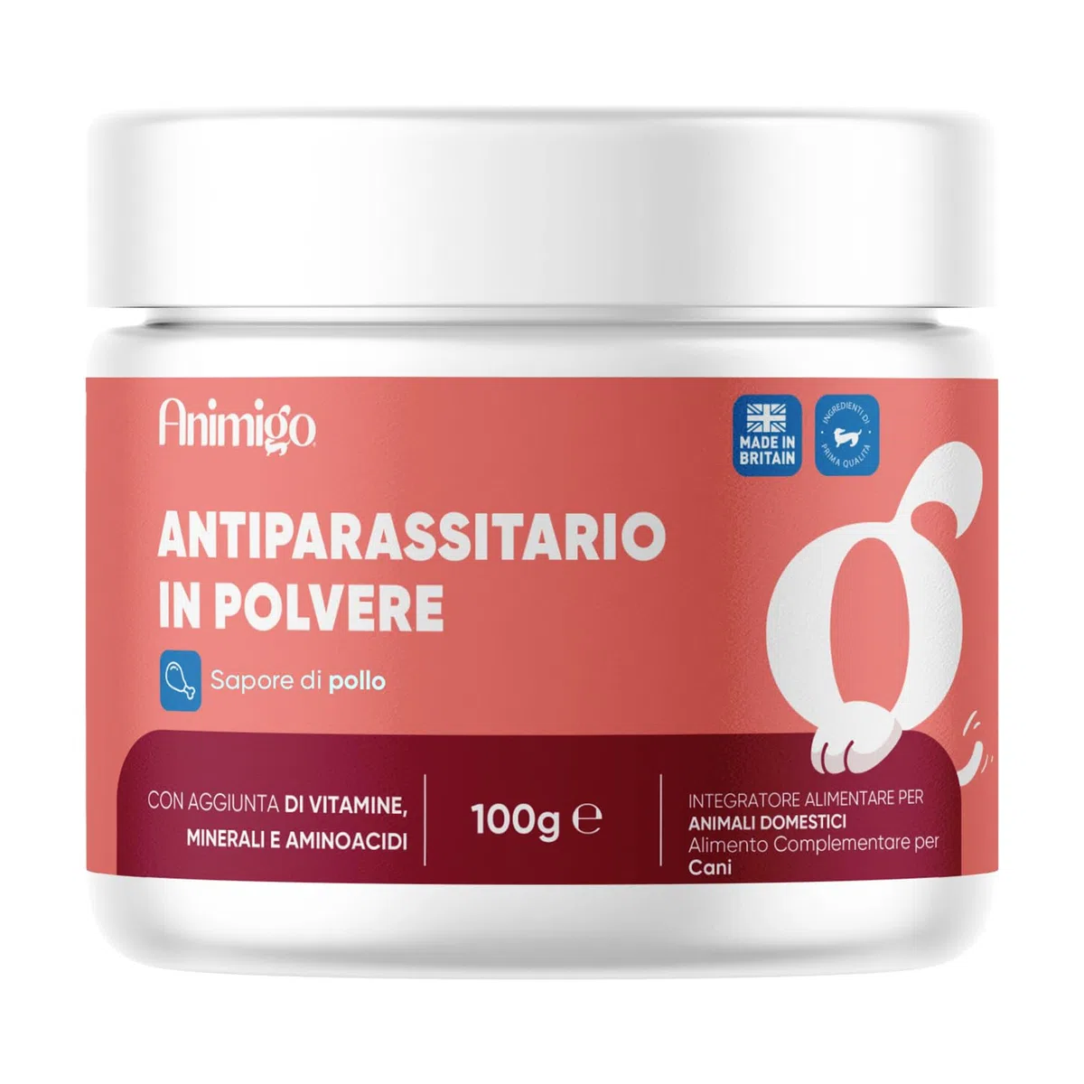 Antiparassitario Cani in Polvere (100g), Formula 100% Naturale, per Immunità ed Equilibrio Digestivo, Antipulci per Cani con Fieno Greco, Zenzero, Vitamine, Minerali e Aminoacidi, all'Aroma di Pollo