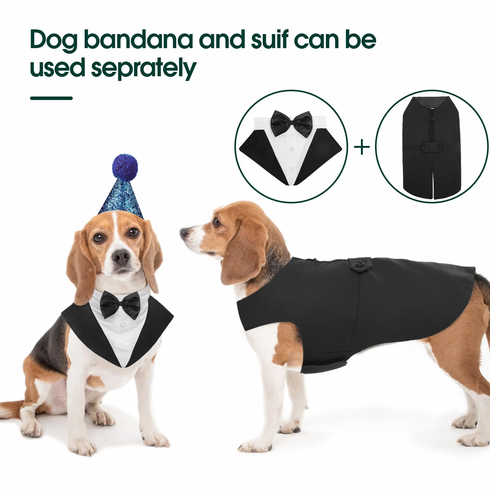 Kuoser Abito Smoking per Cani, Set Vestito Bandana Collare Cani per Matrimoni Cani Smoking Elegante con Papillon, Formale Vestito Cani Partito, Rimovibile Cravatta Cane e Vestito