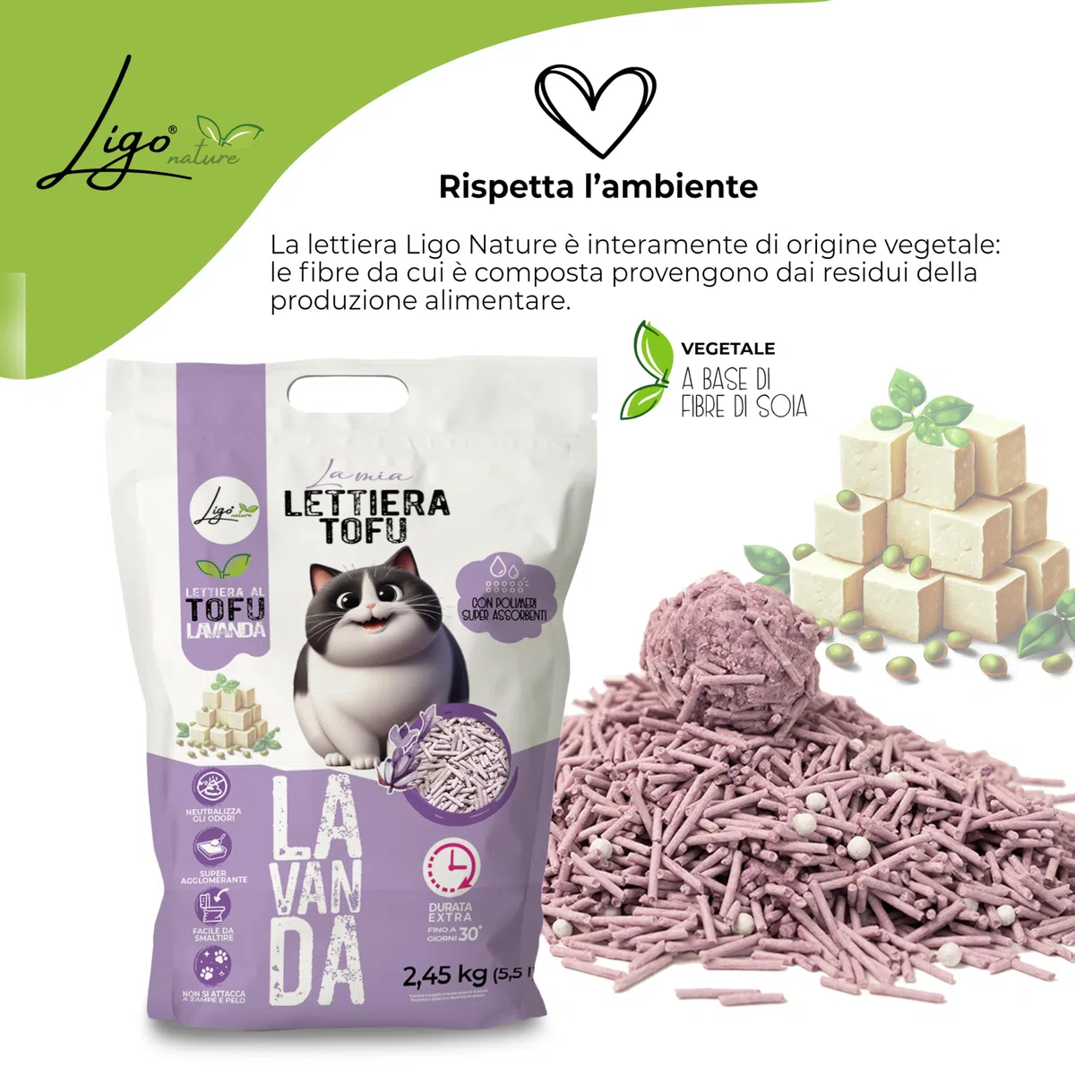 Ligo Nature Lettiera gatto TOFU |SUPER AGGLOMERANTE neutra|ecologica|ultra assorbente|assorbimento rapido|controllo degli odori| 1confezioni da 4,5kg (10 l, lavanda)